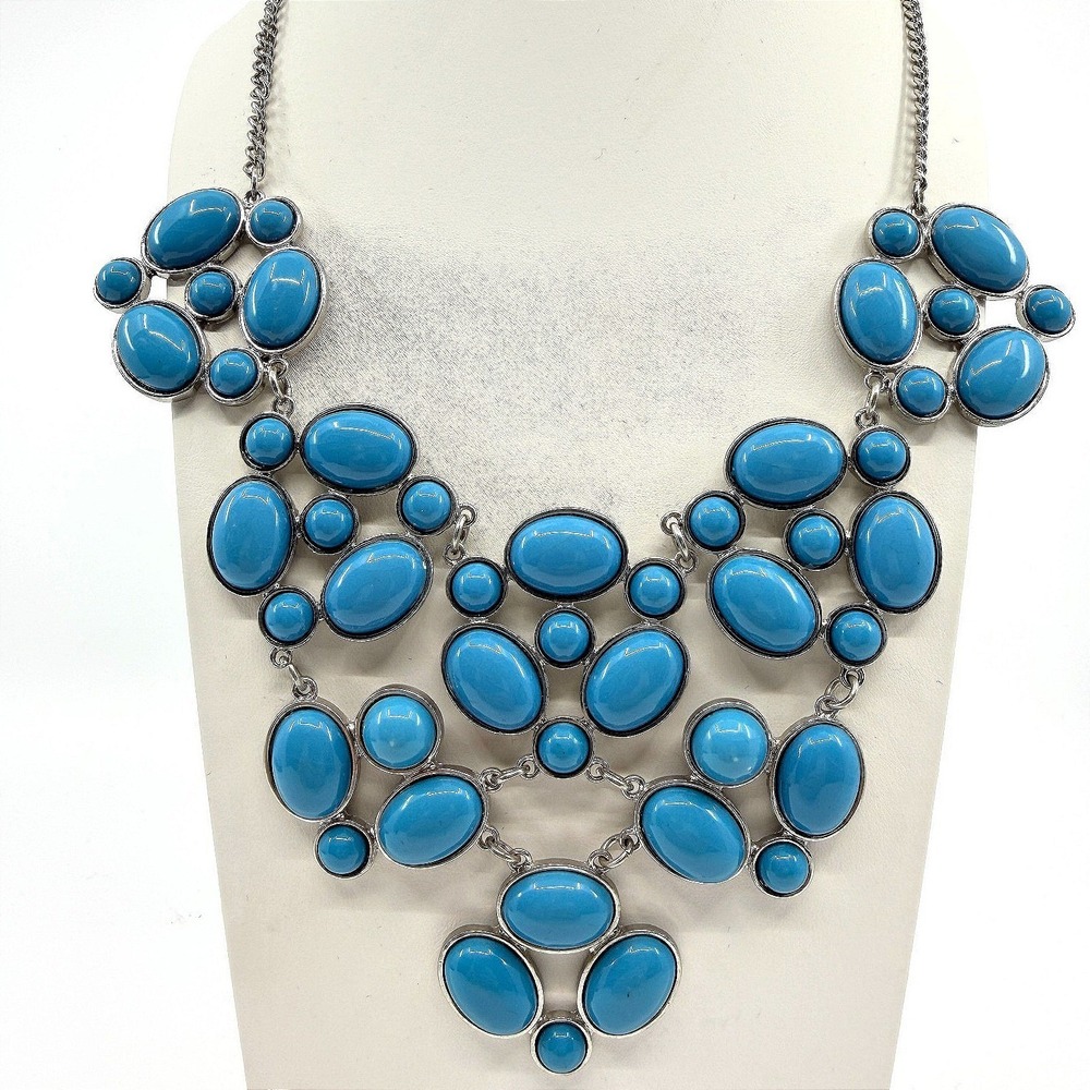 Necklace Vintage Silver Tone Bright Blue Cabochon Bib Statement Bold‎ Chunky Y2K